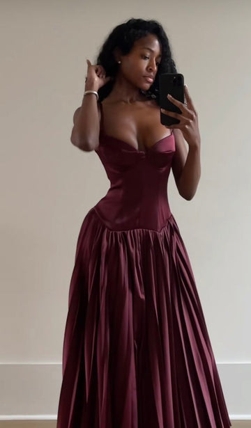 A line Spaghetti Straps Burgundy Long Satin Party Dresses Prom Dress SD2024 HZ0628